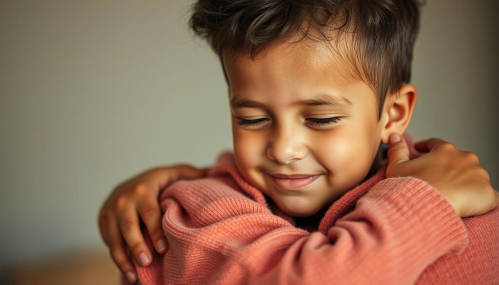 A caring parent embracing a young child, their faces filled with warmth and trust. The soft, natural lighting illuminates the tender moment, captured with the precision of an iPhone 16 Pro Max. The background is slightly blurred, focusing the viewer's attention on the intimate connection between the two figures. The overall tone conveys a sense of security, comfort, and the profound responsibility of parenthood.