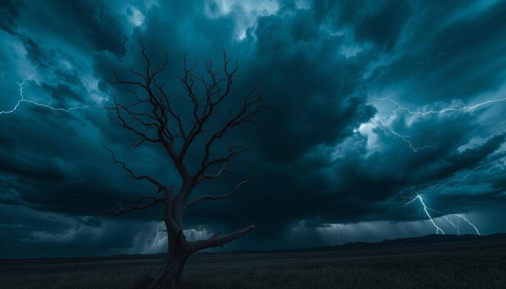 A dark, brooding sky filled with ominous storm clouds, their jagged edges illuminated by brilliant flashes of lightning. In the foreground, a lone, twisted tree stands as a symbolic guardian, its bare branches reaching skyward, as if grasping for the turbulent heavens. The air is thick with tension, the rumbling of distant thunder adding to the sense of foreboding. The scene is captured with a cinematic, high-contrast aesthetic, the iPhone 16 Pro Max's advanced camera capturing the drama and intensity of the moment in vivid detail.