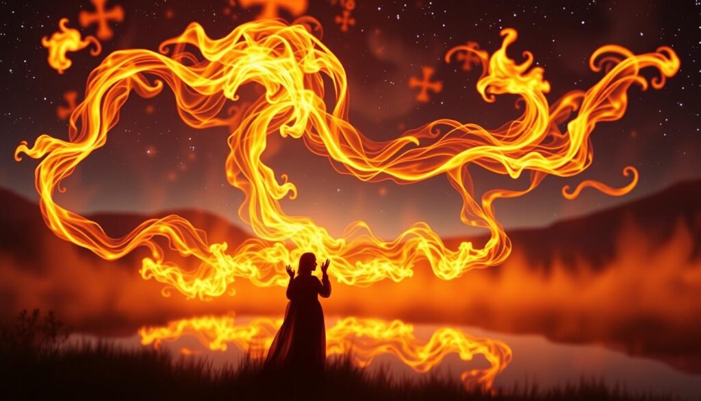 A dreamlike landscape bathed in a warm, flickering glow. In the foreground, a mesmerizing dance of flames, their tendrils weaving intricate patterns against a starry night sky. The middle ground reveals a serene, reflective pool, mirroring the fiery spectacle above. Shadowy, ethereal figures emerge from the flames, their forms hinting at deeper, symbolic meanings. The background is blurred, creating a sense of depth and mystery, inviting the viewer to ponder the significance of this otherworldly scene. The overall atmosphere is one of tranquility and introspection, capturing the essence of fire's symbolic representation in dreams.