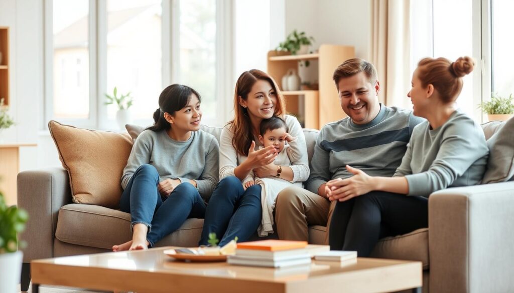 A family of three sitting on a couch, engaged in a lively discussion about nanny sharing. The mother and father, dressed in casual attire, are listening intently to a young nanny who is gesturing expressively. The living room setting is bright and welcoming, with natural light filtering through large windows. The atmosphere conveys a sense of collaboration and open communication as they explore the concept of nanny sharing. The image captures the essence of the section "Czym jest nanny sharing?" from the article "Nanny sharing, czyli współdzielenie niani: Czy to rozwiązanie dla Twojej rodziny?".
