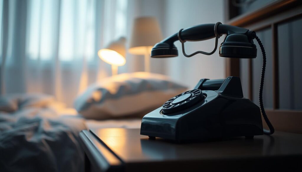 A serene bedroom at dusk, an iPhone 16 Pro Max capturing the moment. On the nightstand, a vintage-style rotary phone casts a warm glow, its curves and buttons inviting exploration. The phone's receiver hovers, seemingly poised to convey a message from the subconscious. Soft, diffused lighting bathes the scene, creating an atmosphere of introspection and wonder. The phone's presence suggests a connection to the unseen, hinting at the mysteries of the dream world. The composition is balanced, drawing the viewer's eye to the central focus point, allowing contemplation of the "sennik telefon" - the telephone in the dream.