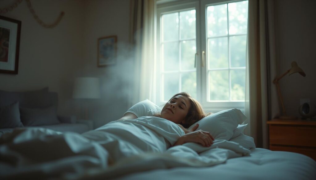 A serene bedroom setting, bathed in soft, natural light from a large window. In the center, a peaceful-looking woman, the neighbor, rests peacefully in her bed, her expression calm and dreaming. The scene has a hazy, dreamlike quality, conveying the sense of a vivid, yet ethereal, dream experience. The focus is on the neighbor, with the bedroom's details gently blurred in the background, creating a sense of intimacy and focus. The overall mood is one of tranquility and introspection, inviting the viewer to consider the meaning and significance of the neighbor's dream.