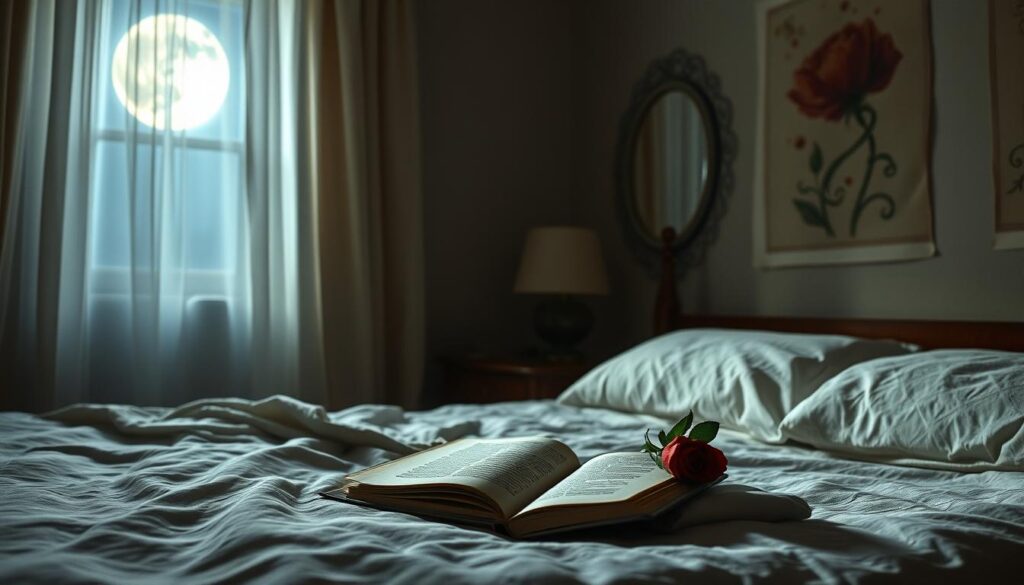 A serene, dimly lit bedroom at night. Streams of moonlight filter through sheer curtains, casting a soft, ethereal glow. On the bedside table, an open book lies beside a single red rose, its petals glistening with the dew of dreamtime. The walls are adorned with delicate, antique-style illustrations depicting the symbolic meanings of blood and its role in the subconscious. A sense of contemplation and introspection permeates the scene, inviting the viewer to ponder the emotional and spiritual significance of the crimson life force.