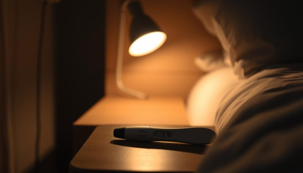 A serene, dimly lit bedroom scene. On the nightstand, an open pregnancy test displays a positive result, symbolizing the profound meaning of pregnancy in a dream. Soft, warm lighting creates a contemplative atmosphere, evoking themes of growth, transformation, and the delicate, mysterious nature of the subconscious. The scene is captured with the natural, documentary-style aesthetic of an iPhone 16 Pro Max, lending an intimate, authentic feel to the image.