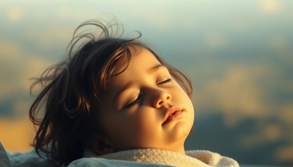 A serene, dreamlike scene of a sleeping child, captured with the crisp clarity of an iPhone 16 Pro Max. The child's peaceful expression is bathed in soft, warm lighting, casting a comforting glow. The background is a blurred, ethereal landscape, hinting at the subconscious realm of dreams. The composition is carefully balanced, with the child positioned centrally, surrounded by a sense of tranquility and introspection. This image evokes the idea of a child's dream, a window into their inner world and the potential for new beginnings or a need for nurturing care.