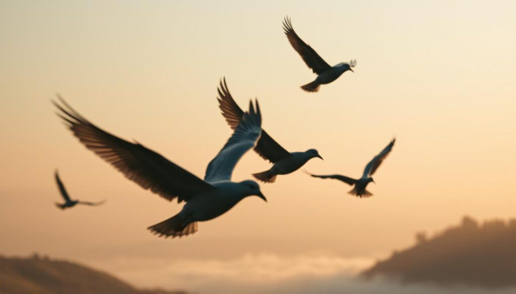 A serene, ethereal scene of symbolic birds in flight, captured through the lens of an iPhone 16 Pro Max. In the foreground, graceful avian silhouettes soar against a hazy, pastel-hued sky, their wings outstretched in a dance of freedom and transcendence. The middle ground reveals a tranquil, mist-shrouded landscape, where the birds seem to carry messages or spiritual signifiers. In the background, a sense of depth and mystery is evoked by softly blurred, atmospheric elements, creating a contemplative, dreamlike ambiance. Warm, diffused lighting lends a sense of warmth and mysticism to the overall composition, inviting the viewer to ponder the symbolic meaning of these majestic creatures in the realm of dreams and the subconscious.