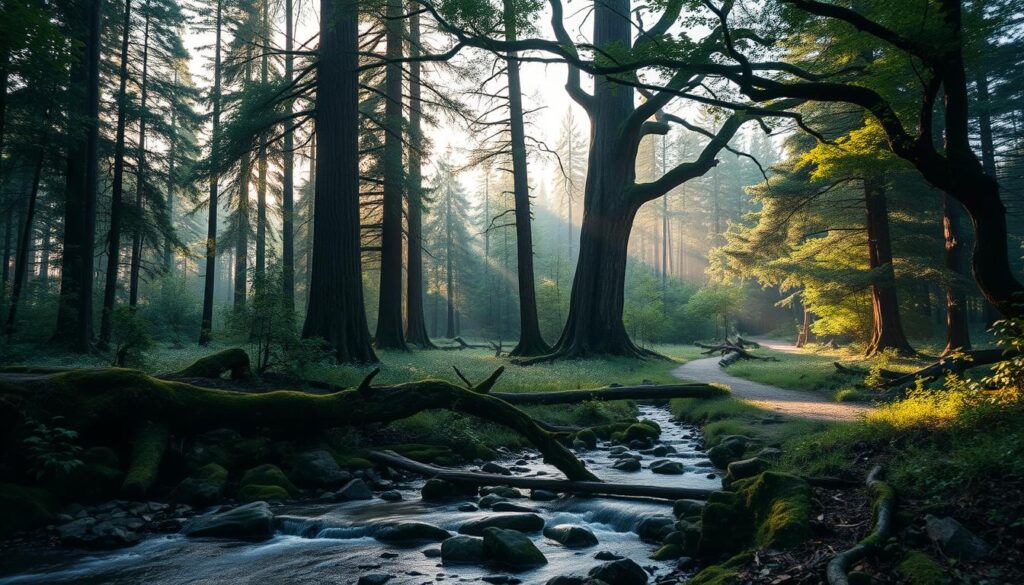 A serene forest landscape, bathed in soft, warm light filtering through the lush canopy of towering trees. In the foreground, a tranquil stream meanders, its gentle ripples reflecting the verdant foliage. Mossy rocks and fallen logs dot the forest floor, creating a sense of timelessness. The middle ground features a winding path, inviting the viewer to embark on a journey of self-discovery. Towering pines and ancient oaks stand as silent witnesses, their twisted branches reaching towards the heavens. The atmosphere is one of contemplation and introspection, capturing the essence of the forest as a symbol of the subconscious mind.