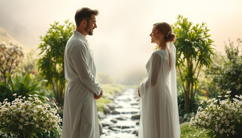 A tranquil wedding ceremony set against a dreamlike backdrop. In the foreground, two figures dressed in flowing white garments stand facing each other, their expressions serene and joyful. The middle ground features a lush, verdant garden, with delicate flowers in bloom and a gently flowing stream. The background is bathed in a warm, ethereal light, creating a sense of timelessness and spiritual resonance. The scene evokes a deep sense of connection, harmony, and the potential for transformation within relationships. Captured with the crisp clarity and natural tones of an iPhone 16 Pro Max, this image aims to visually convey the profound significance and symbolic meaning of a wedding dream.