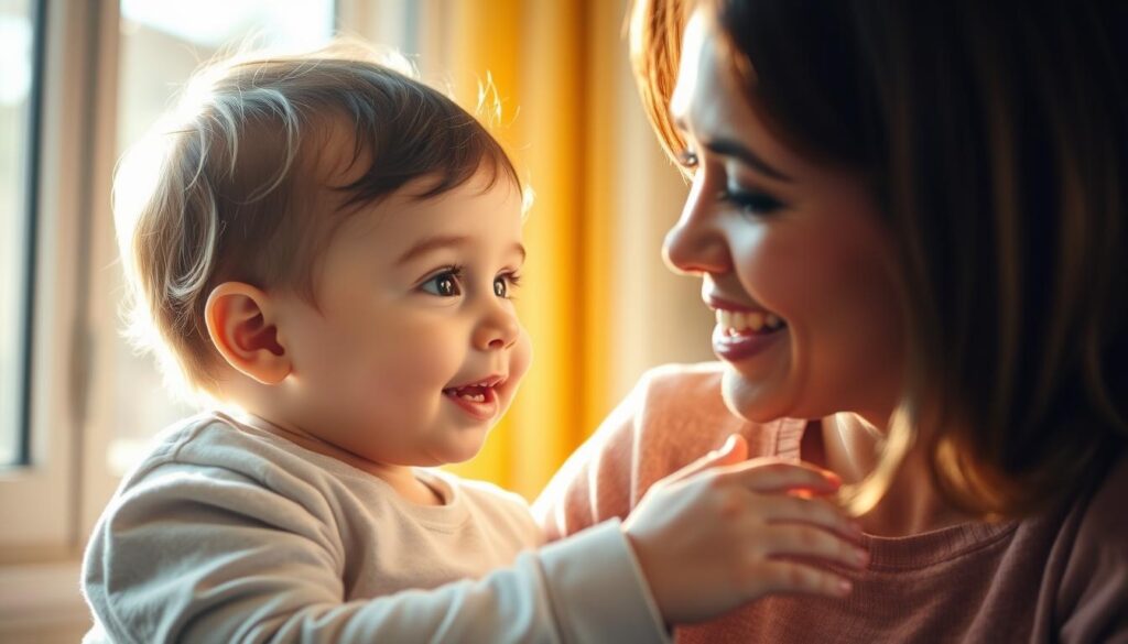 A young child, captivated by the world around them, engages in a delightful conversation with a caring adult. Warm afternoon sunlight filters through a window, casting a soft, natural glow on their faces. The child's expression is one of wonder and curiosity, while the adult's body language conveys patience and attentiveness. The background blurs, focusing the viewer's attention on the intimate exchange, a testament to the importance of bilingualism in a child's development.