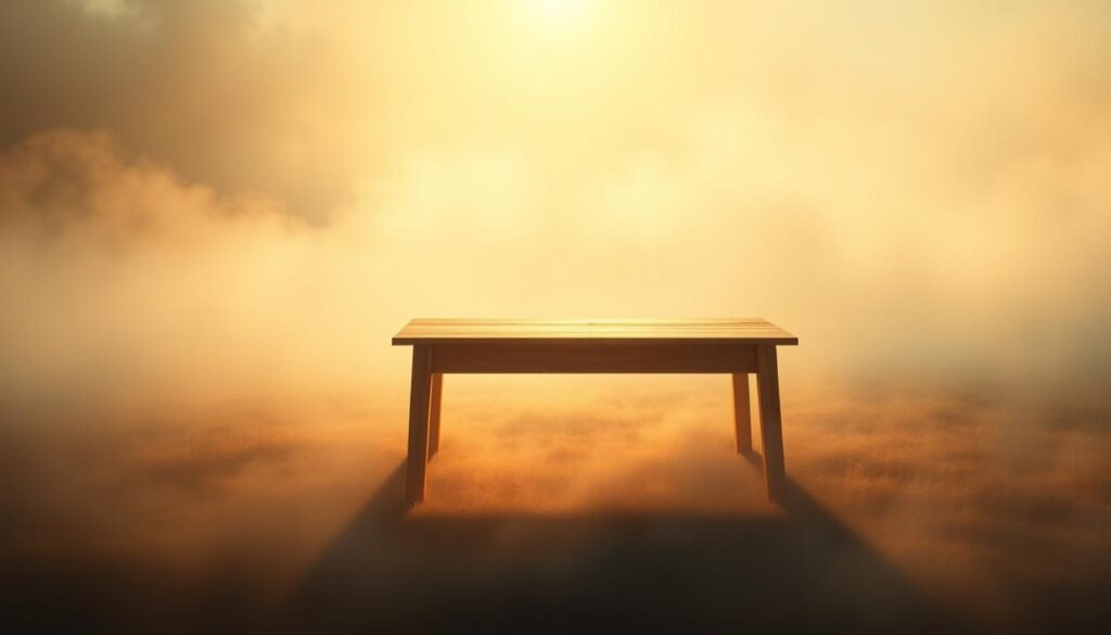 a photo of a wooden table in a serene dreamscape, illuminated by soft, diffused lighting that creates a warm, ethereal atmosphere. The table appears to float in a hazy, mist-shrouded landscape, surrounded by abstract, floating shapes and forms that suggest the subconscious nature of dreams. The scene has a sense of tranquility and contemplation, inviting the viewer to ponder the symbolic meaning of the table within the context of dreams and personal growth.