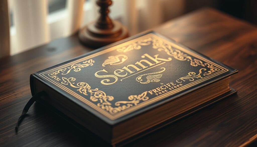 a serene and contemplative study of a leather-bound book with ornate gold embossing, resting on a wooden table. The book's cover features the title "Sennik" in ornate calligraphy, conveying the sense of a comprehensive dream interpretation manual. Soft, warm lighting illuminates the scene, creating a cozy and inviting atmosphere. The image is captured with an iPhone 16 Pro Max, showcasing the camera's exceptional detail and depth of field capabilities. The overall mood evokes a sense of introspection and the exploration of the subconscious realm of dreams.